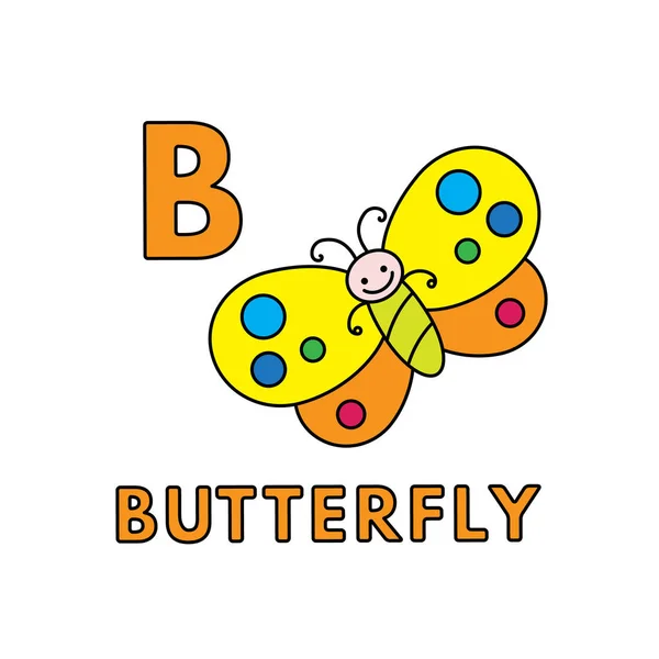 Vektor niedliche Zeichentricktiere Alphabet. Schmetterlingsillustration — Stockvektor