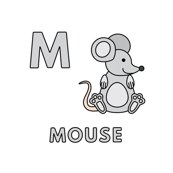 Vector Cute Cartoon Animals Alphabet. Mouse Illustration — Stock Vector