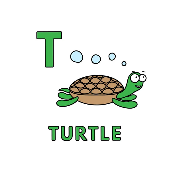Vector Cute Cartoon Animals Alphabet. Turtle Illustration — Stock Vector