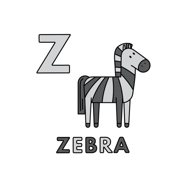 Vector Cute Cartoon Animals Alphabet (dalam bahasa Inggris). Ilustrasi Zebra - Stok Vektor