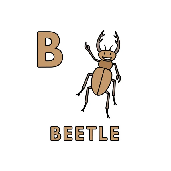Vector Cute Cartoon Animals Alphabet. Beetle Illustration — Stock Vector