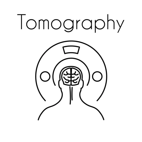 Icona lineare tomografica vettoriale con simbolo cerebrale e tomografo — Vettoriale Stock
