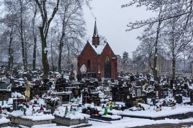 Radzionkow. Polonya - 04 Şubat 2018 - Silesian voyvodası Radzionkow şehirde cementry kar yağdığı