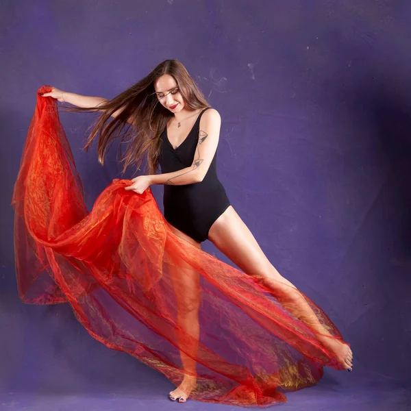 White Nice Fit Girl Dancing Orange Sash — Stock Photo, Image