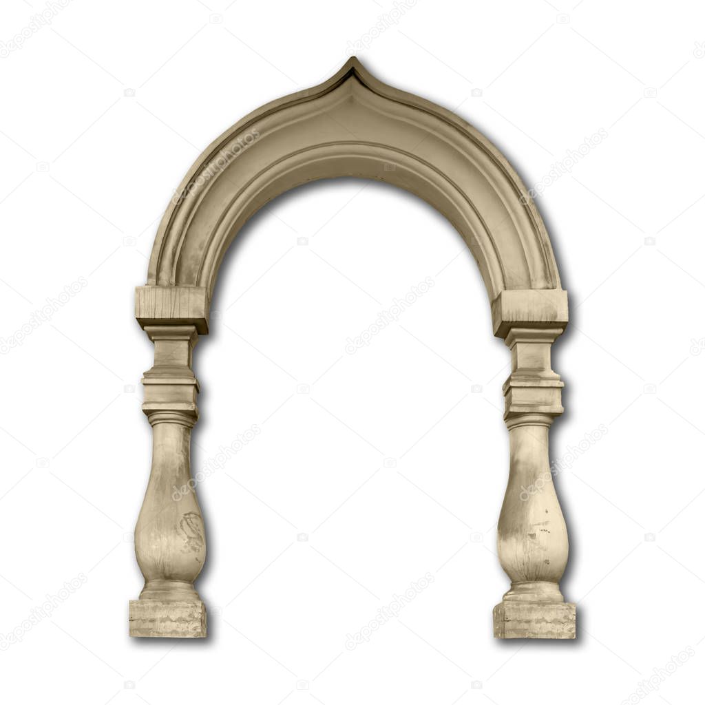 Old door frame, portico entrance with arabic arch and balusters with drop shadow isolated on white