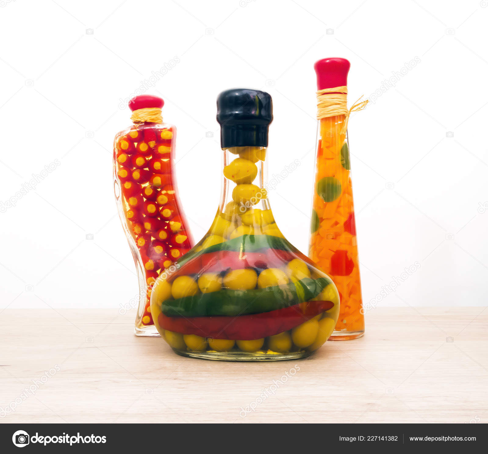 Three Decorative Glass Sealed Bottles Different Shapes Colorful