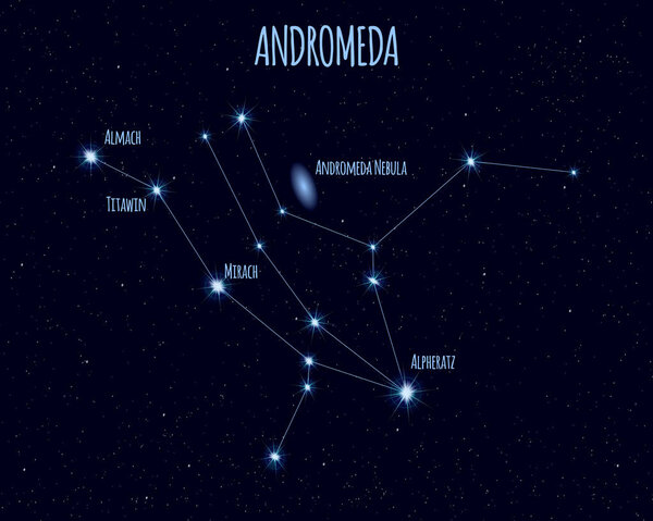 Andromeda constellation, vector illustration with the names of basic stars against the starry sky