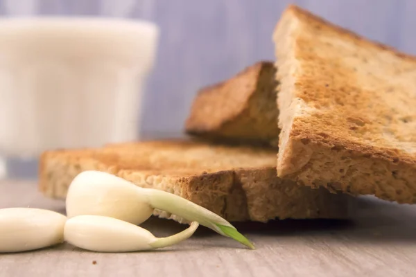 Fette Pane Tostato Con Appetito Crosta Croccante Pochi Spicchi Aglio — Foto Stock