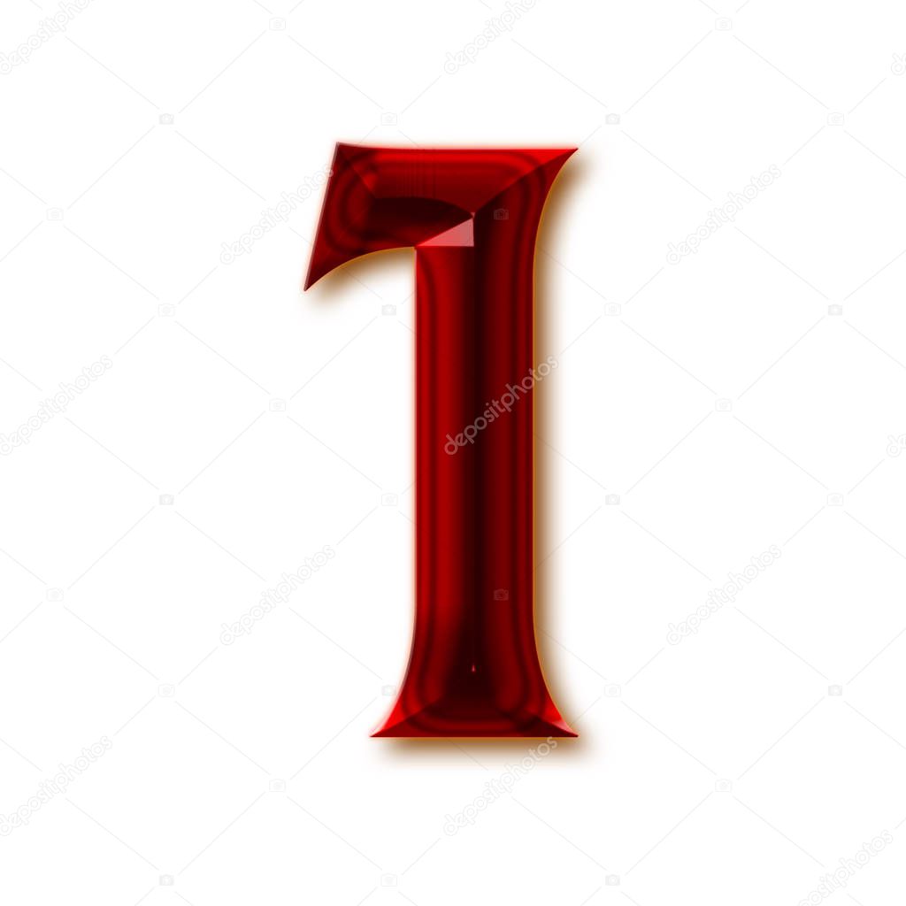 Number 1 from stylish faceted ruby alphabet, shiny gemstone letters, numbers and punctuation marks