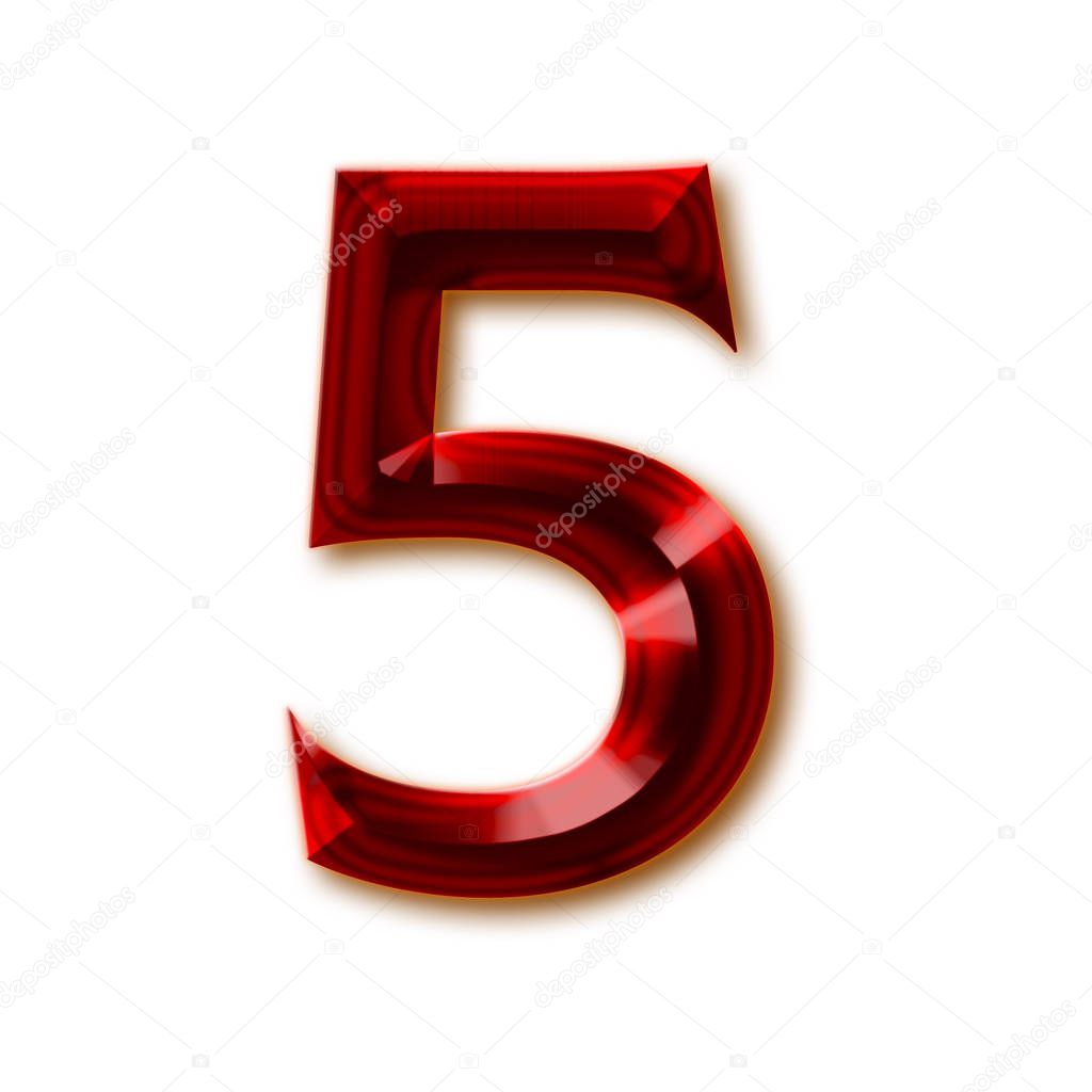 Number 5 from stylish faceted ruby alphabet, shiny gemstone letters, numbers and punctuation marks