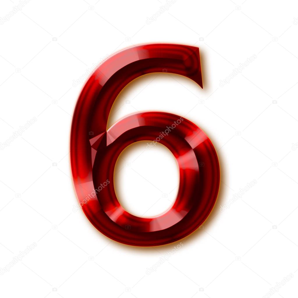 Number 6 from stylish faceted ruby alphabet, shiny gemstone letters, numbers and punctuation marks
