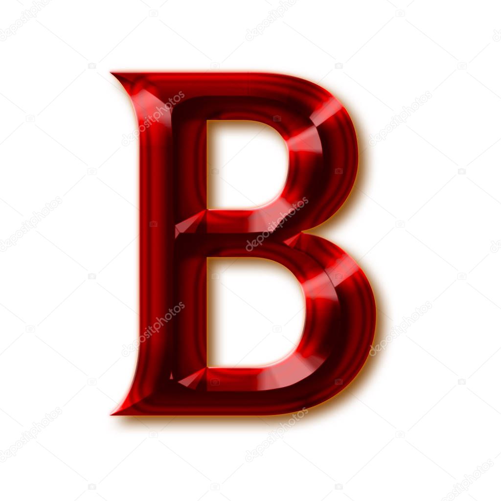 Letter B from stylish faceted ruby alphabet, shiny gemstone letters, numbers and punctuation marks