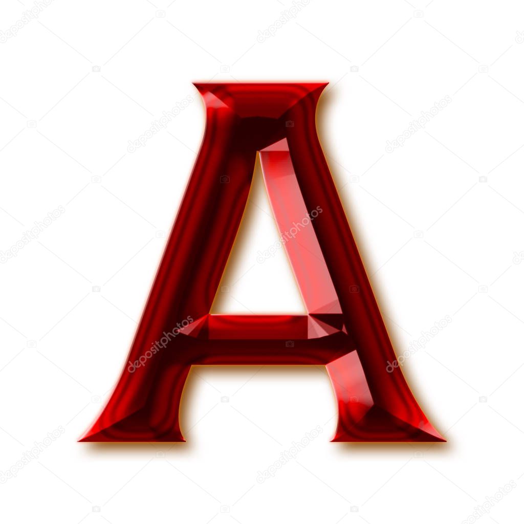 Letter A from stylish faceted ruby alphabet, shiny gemstone letters, numbers and punctuation marks