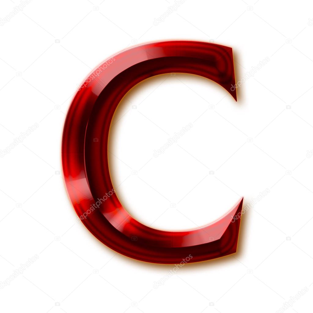 Letter C from stylish faceted ruby alphabet, shiny gemstone letters, numbers and punctuation marks