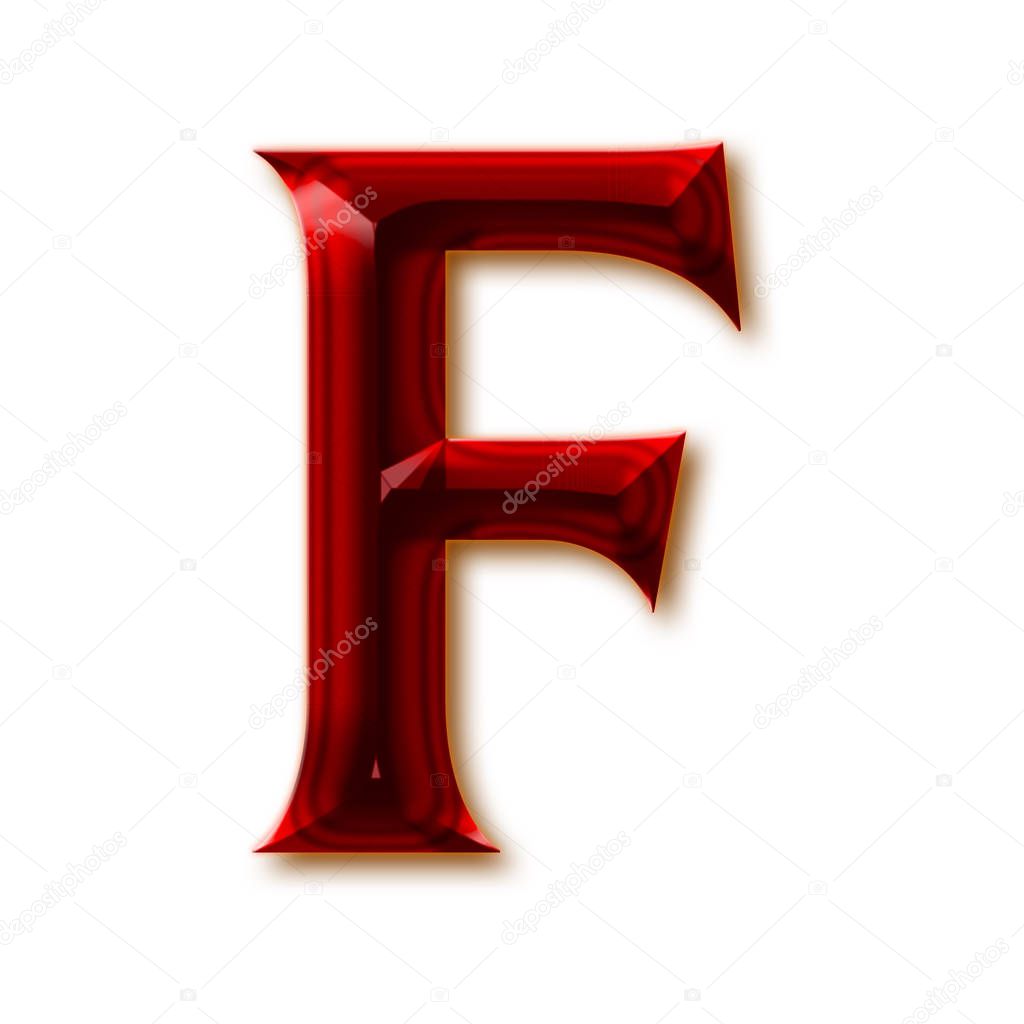 Letter F from stylish faceted ruby alphabet, shiny gemstone letters, numbers and punctuation marks