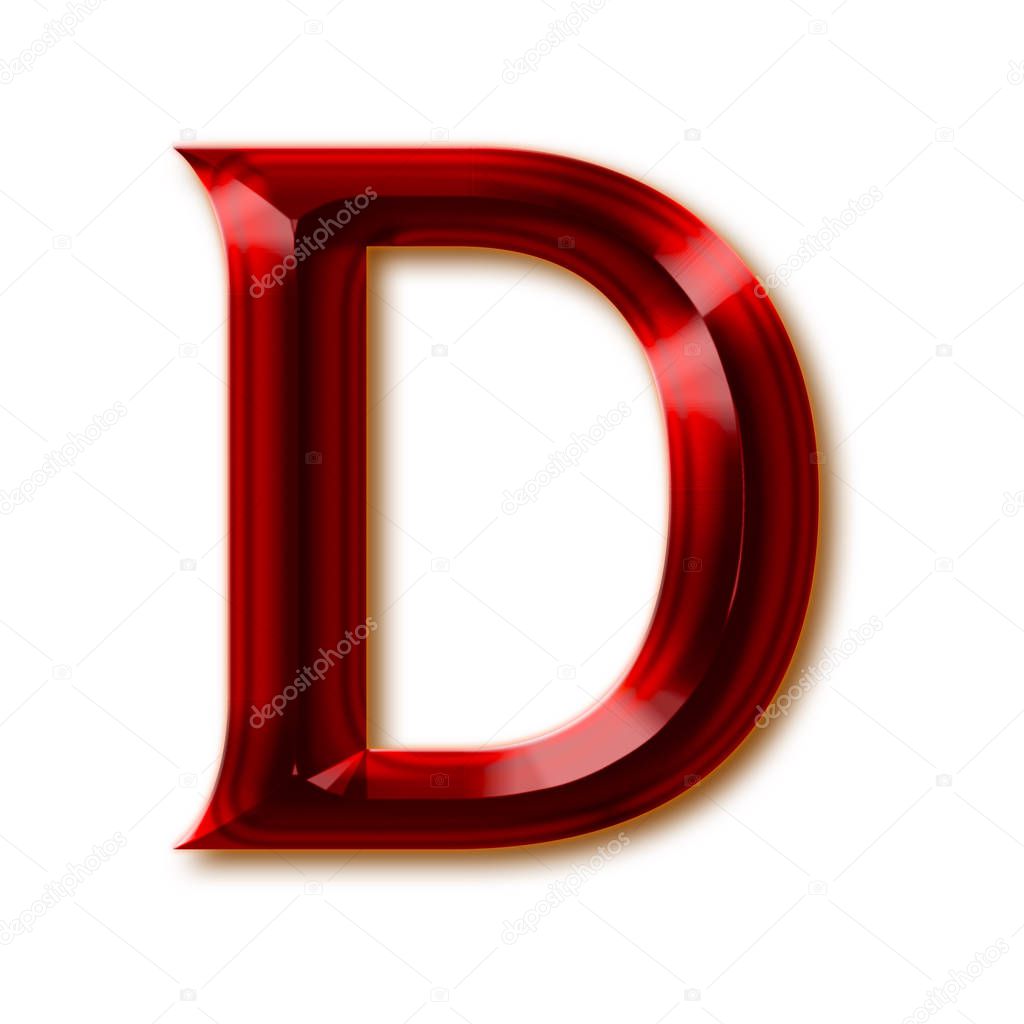 Letter D from stylish faceted ruby alphabet, shiny gemstone letters, numbers and punctuation marks