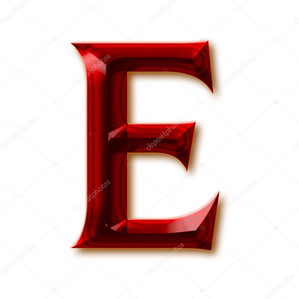 Letter E from stylish faceted ruby alphabet, shiny gemstone letters, numbers and punctuation marks