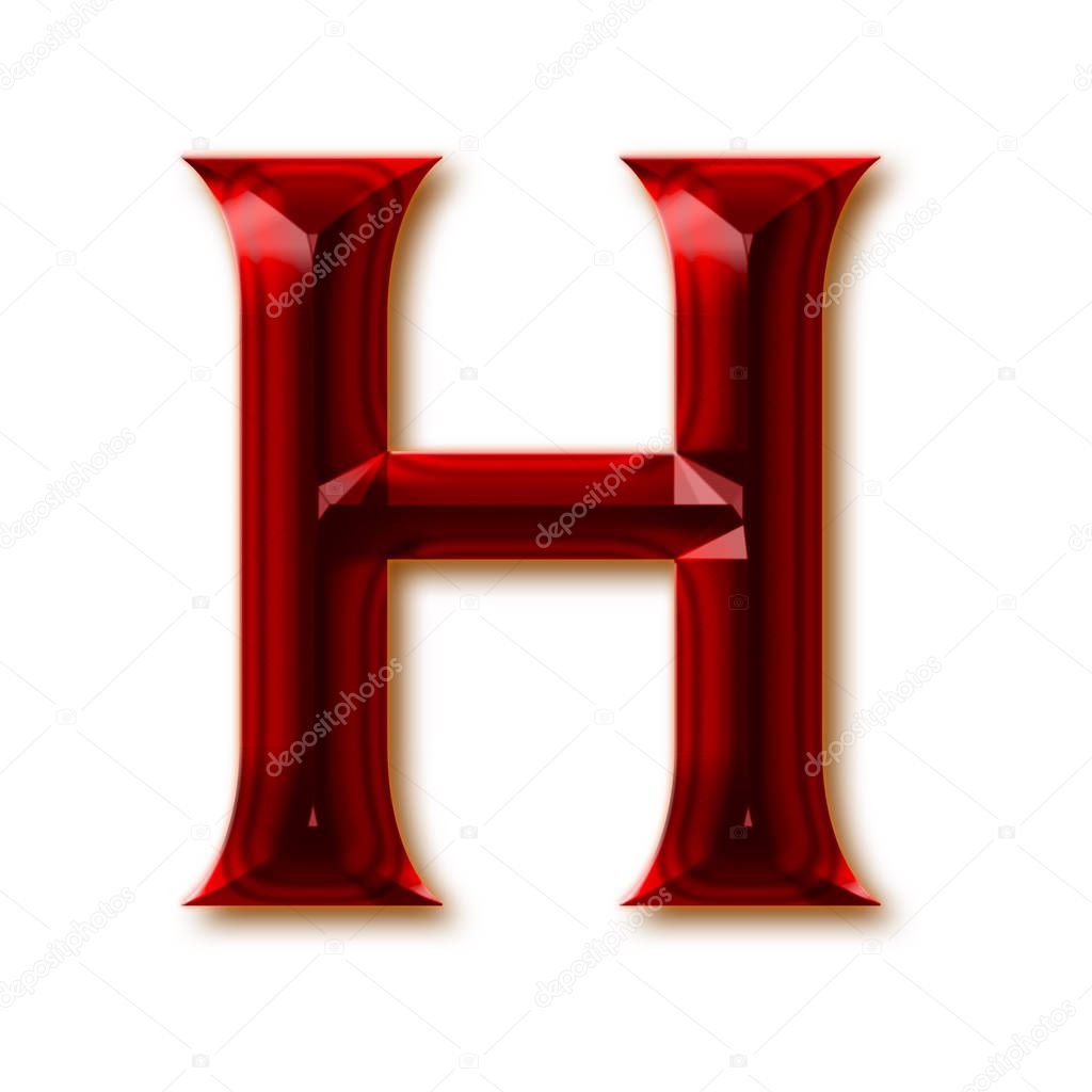 Letter H from stylish faceted ruby alphabet, shiny gemstone letters, numbers and punctuation marks