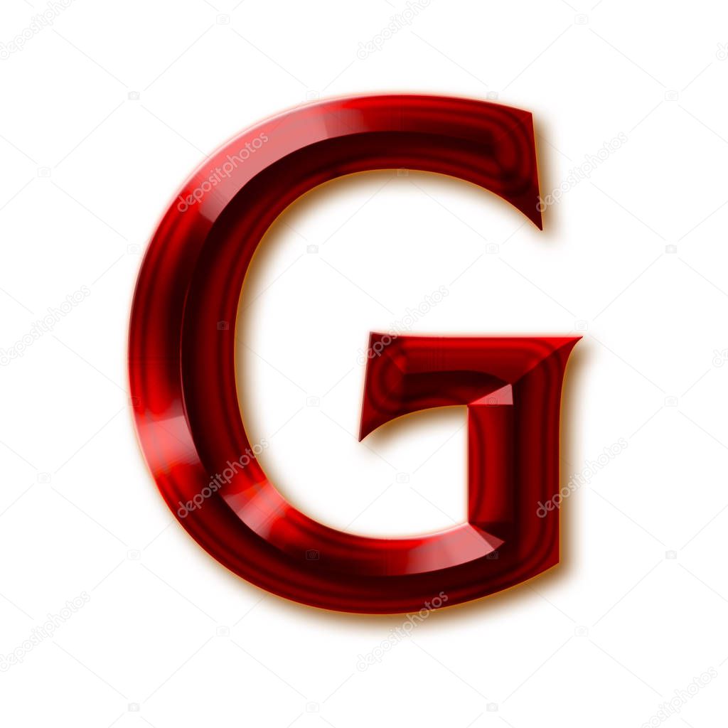 Letter G from stylish faceted ruby alphabet, shiny gemstone letters, numbers and punctuation marks