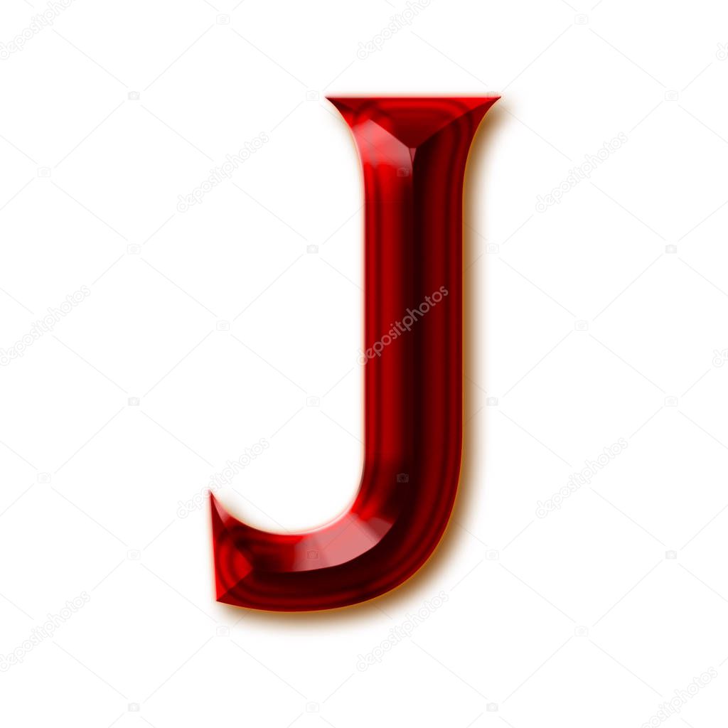 Letter J from stylish faceted ruby alphabet, shiny gemstone letters, numbers and punctuation marks