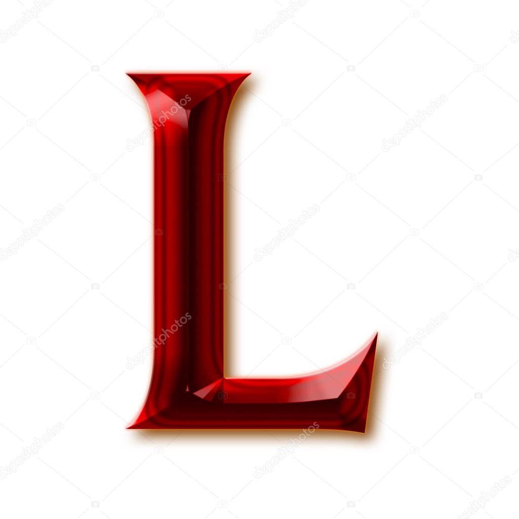 Letter L from stylish faceted ruby alphabet, shiny gemstone letters, numbers and punctuation marks