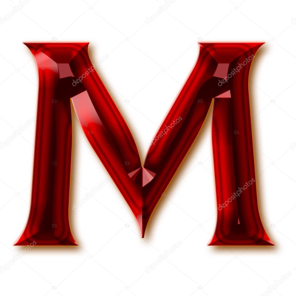 Letter M from stylish faceted ruby alphabet, shiny gemstone letters, numbers and punctuation marks