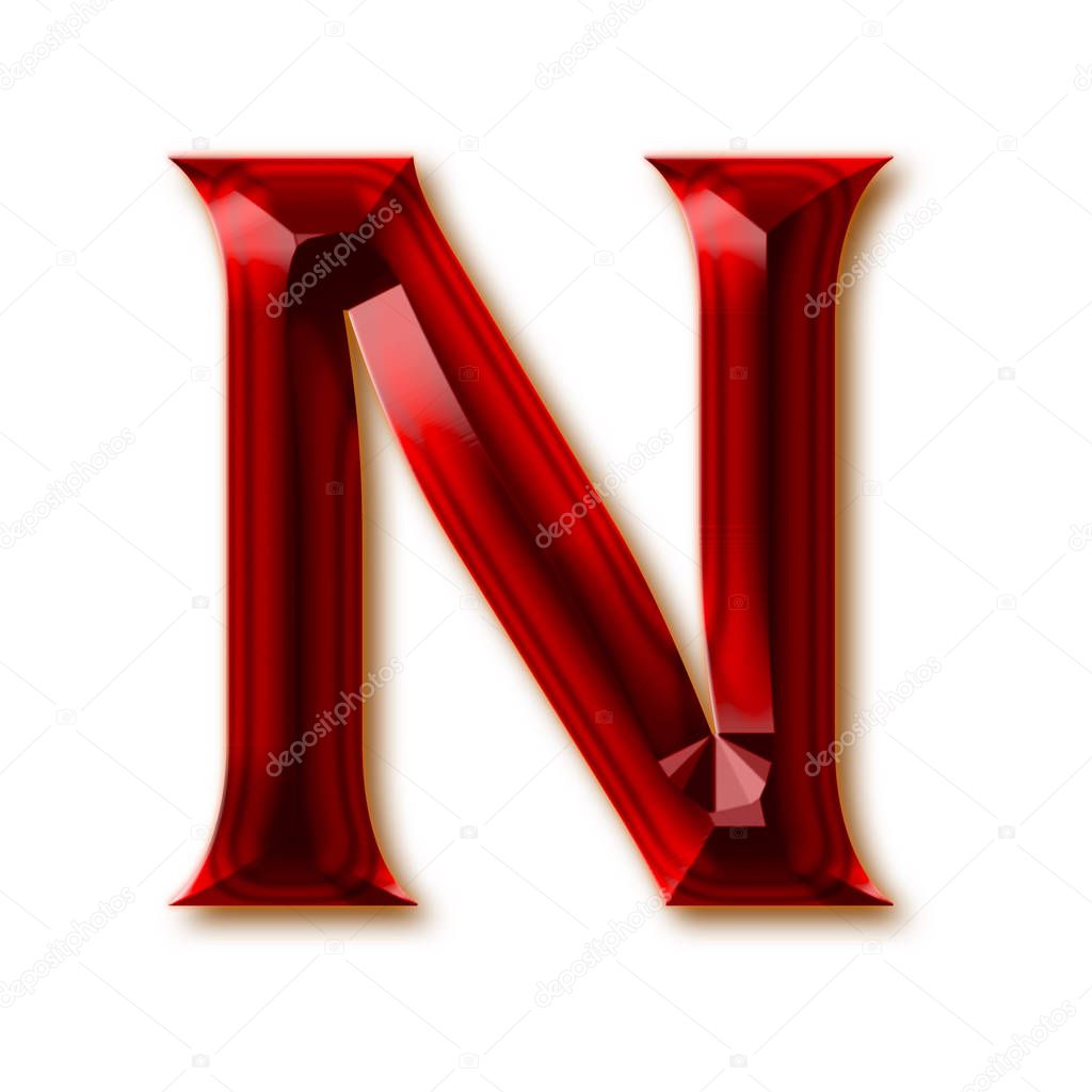 Letter N from stylish faceted ruby alphabet, shiny gemstone letters, numbers and punctuation marks