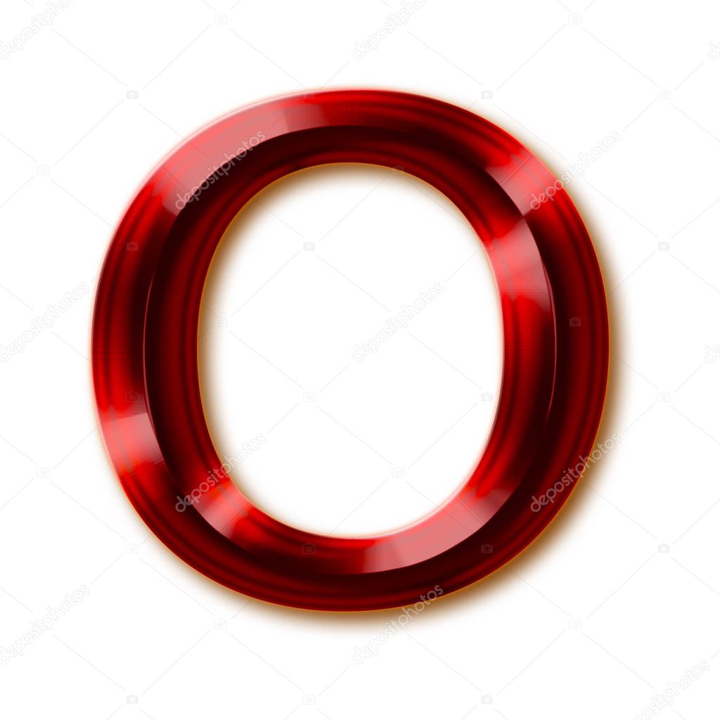 Letter O from stylish faceted ruby alphabet, shiny gemstone letters, numbers and punctuation marks