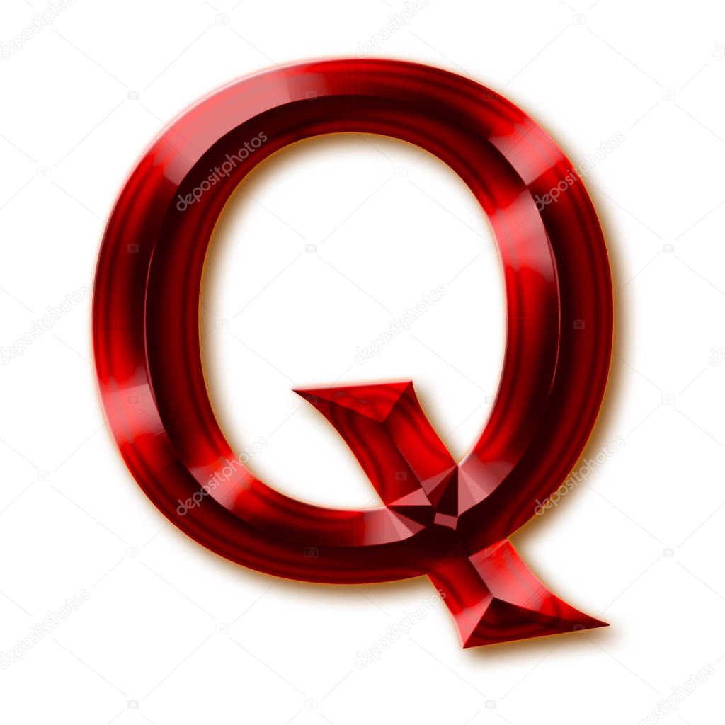 Letter Q from stylish faceted ruby alphabet, shiny gemstone letters, numbers and punctuation marks