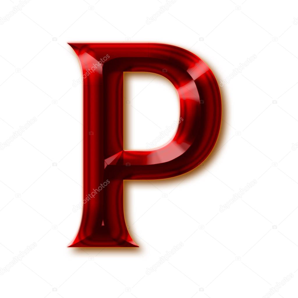 Letter P from stylish faceted ruby alphabet, shiny gemstone letters, numbers and punctuation marks