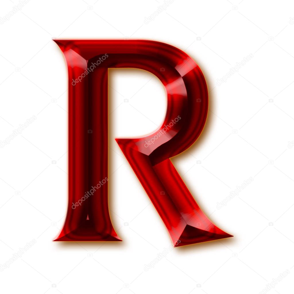 Letter R from stylish faceted ruby alphabet, shiny gemstone letters, numbers and punctuation marks