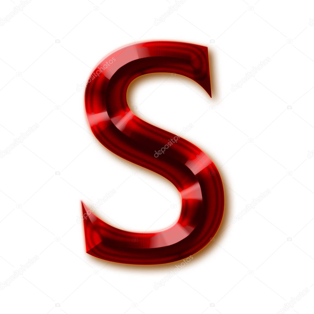 Letter S from stylish faceted ruby alphabet, shiny gemstone letters, numbers and punctuation marks