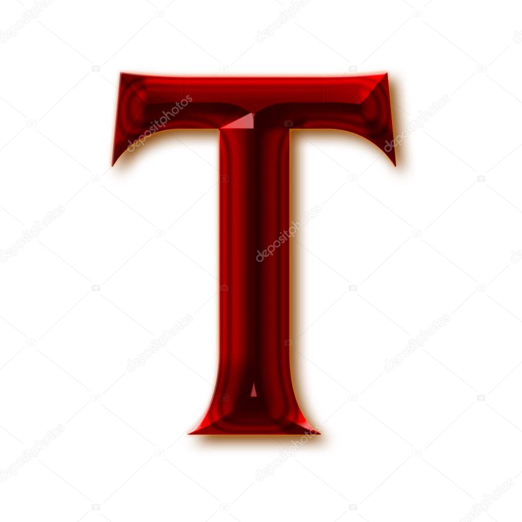 Letter T from stylish faceted ruby alphabet, shiny gemstone letters, numbers and punctuation marks
