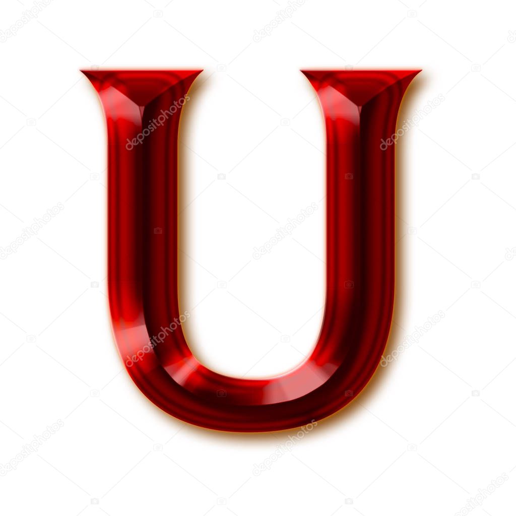 Letter U from stylish faceted ruby alphabet, shiny gemstone letters, numbers and punctuation marks