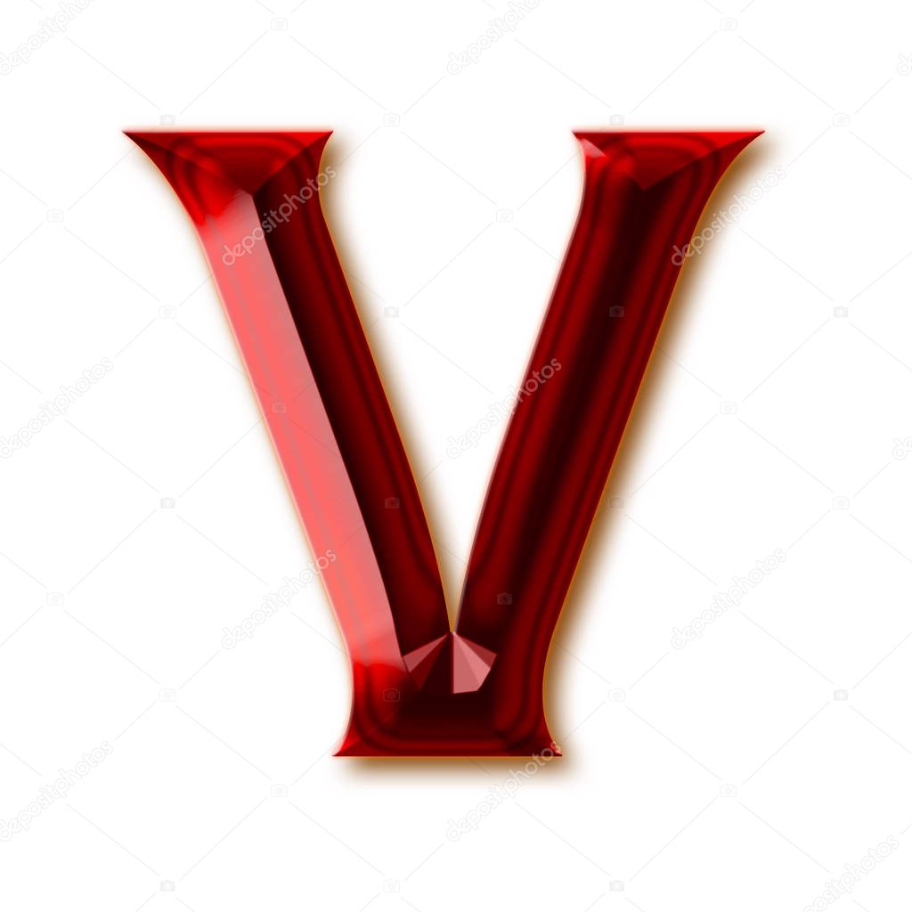Letter V from stylish faceted ruby alphabet, shiny gemstone letters, numbers and punctuation marks