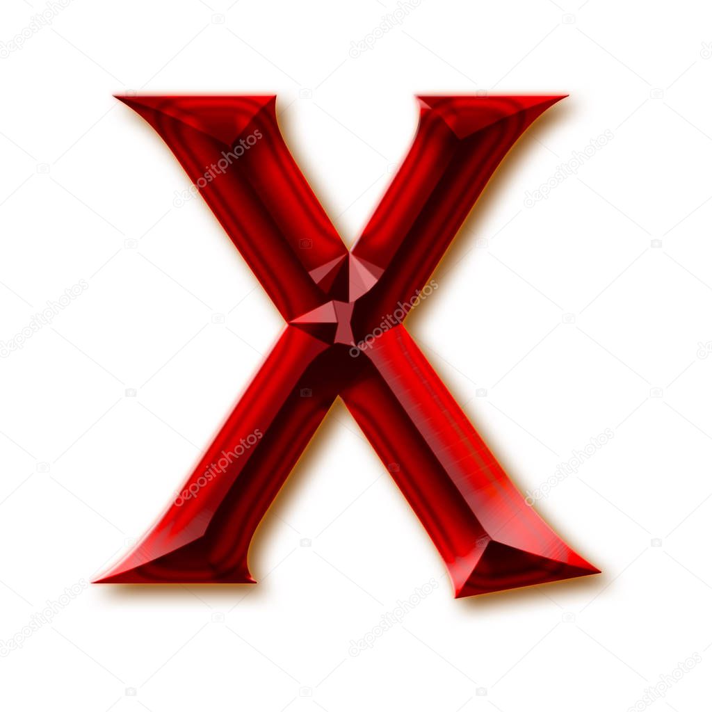 Letter X from stylish faceted ruby alphabet, shiny gemstone letters, numbers and punctuation marks
