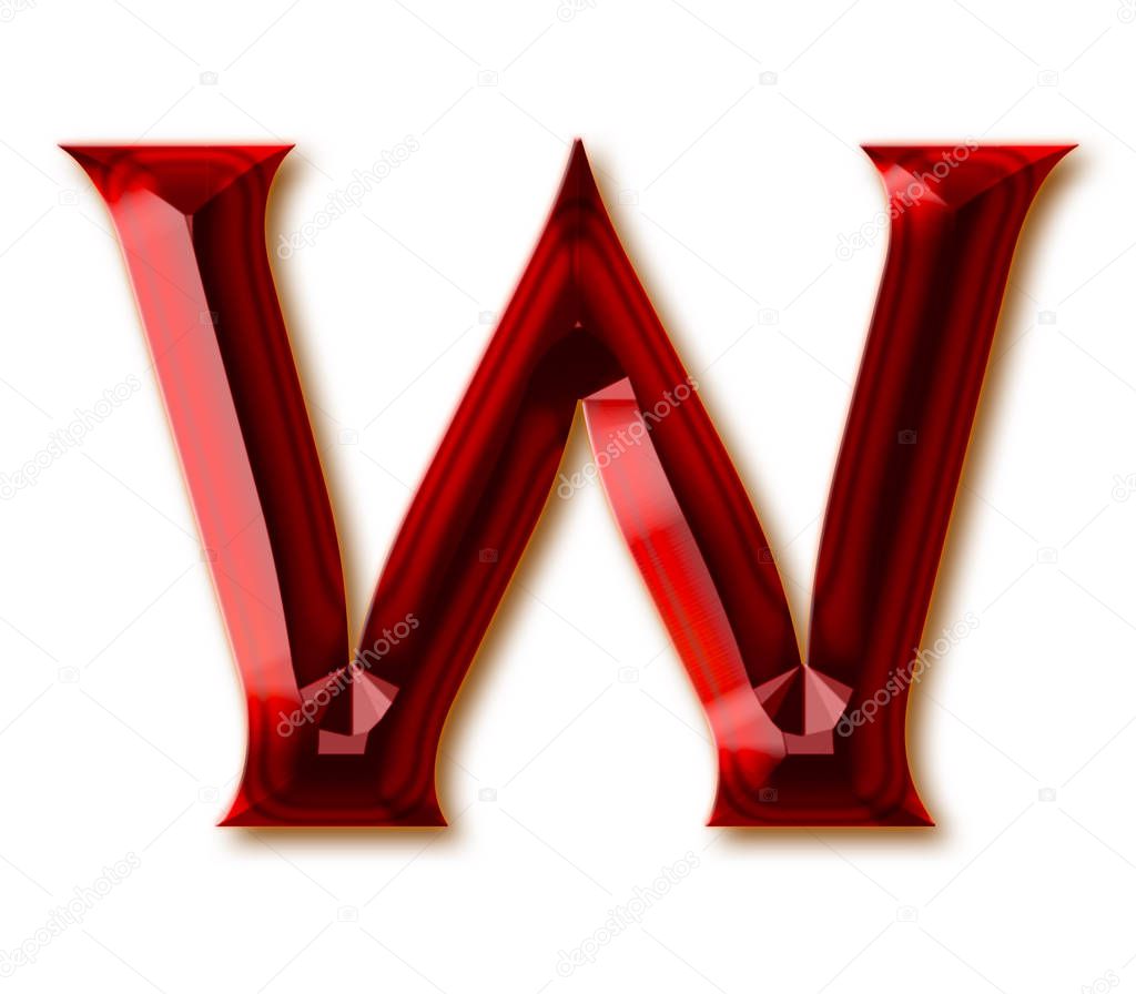 Letter W from stylish faceted ruby alphabet, shiny gemstone letters, numbers and punctuation marks