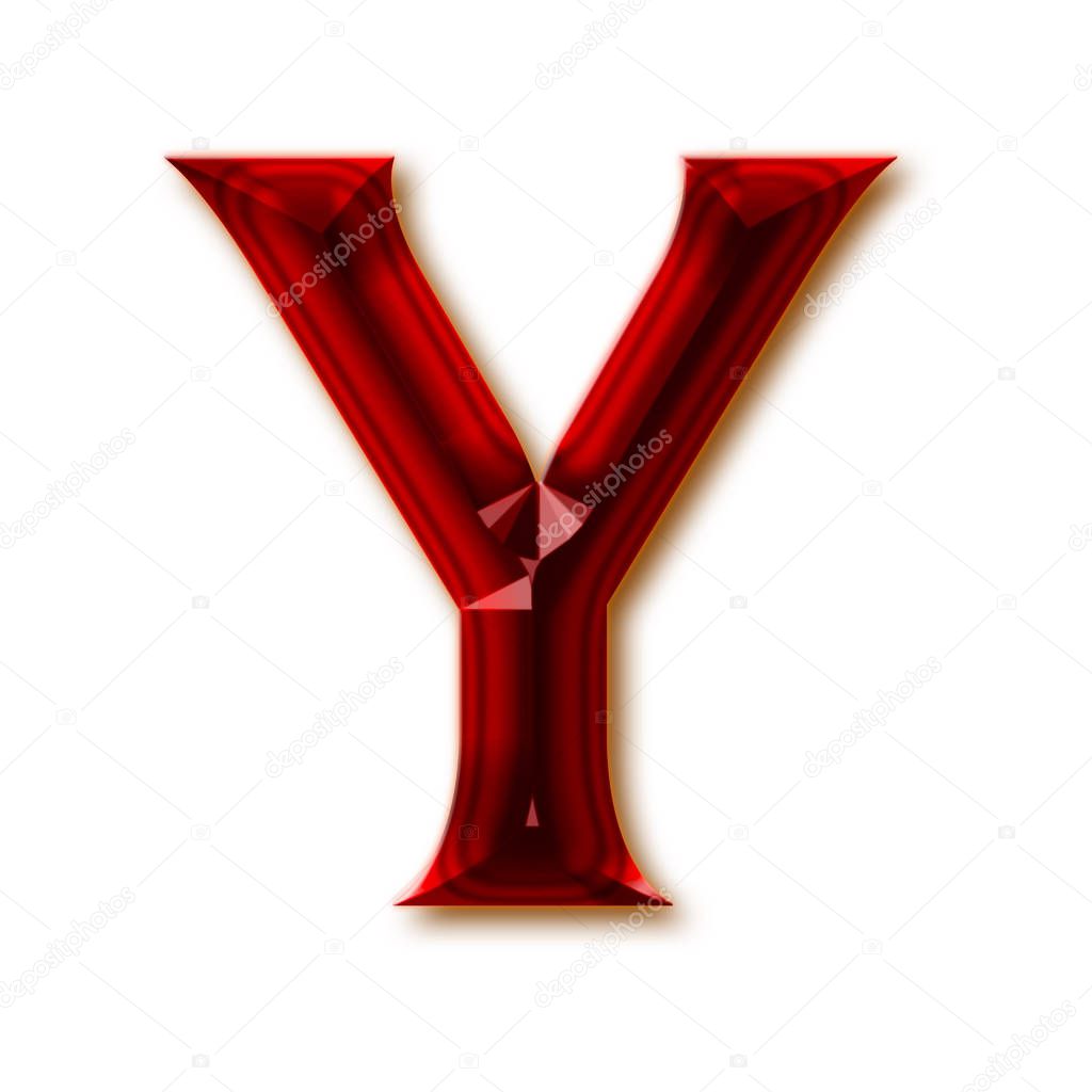 Letter Y from stylish faceted ruby alphabet, shiny gemstone letters, numbers and punctuation marks