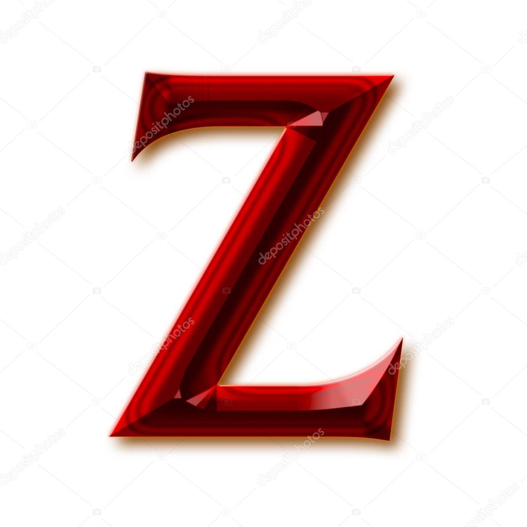 Letter Z from stylish faceted ruby alphabet, shiny gemstone letters, numbers and punctuation marks