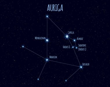 Auriga (Savaş Arabacısı) takımyıldızı, yıldızlı gökyüzüne karşı temel yıldızların isimleriyle vektör illüstrasyonu