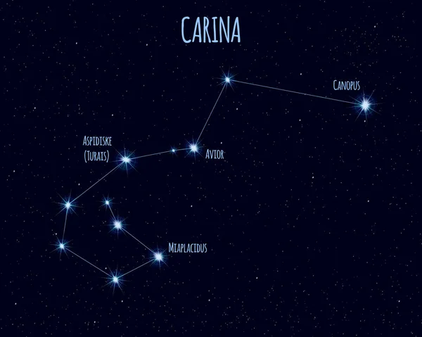 Carina (salma) takımyıldızı, yıldızlı gökyüzü karşı temel yıldız isimleri ile vektör çizim