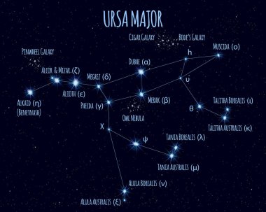 Full Ursa Major (Great Bear, Big Dipper) constellation, vector illustration with the names of basic stars against the starry sky clipart
