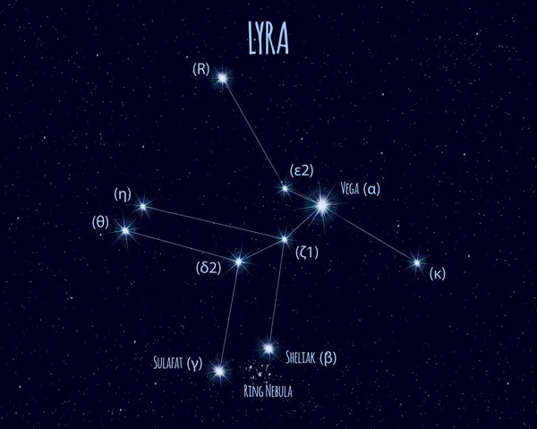 Lyra の星座は 星空に対する基本的な星の名前を持つベクトル図 — ストックベクタ