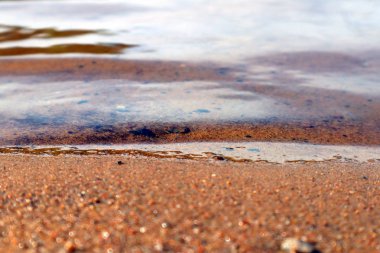 Kumlu sahilde göl, hafif bir esinti ve sakin bir dalga kıyıya geliyor