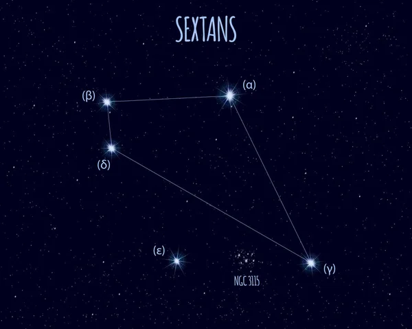 Созвездие Секстантов Векторная Иллюстрация Названиями Основных Звёзд Фоне Звездного Неба — стоковый вектор