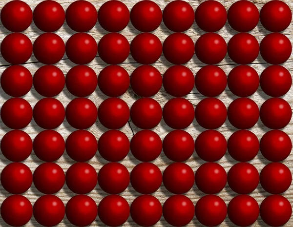 Яскраві Глянцеві Пластикові Червоні Кульки Розташовані Рядами Дерев Яній Дошці — стокове фото
