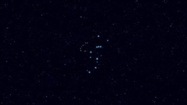 Orion takımyıldızı, yıldızlarla ve ana hatlarla kademeli olarak dönen resim, 4K eğitim videosu