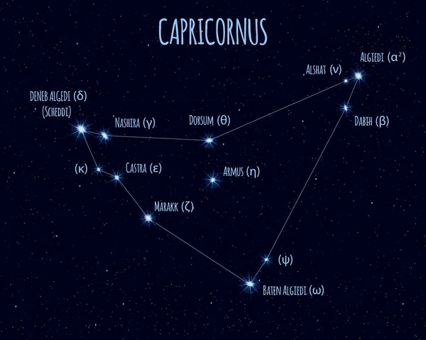 Capricornus Capricorn Сузір Векторна Ілюстрація Іменами Основних Зірок Зоряному Небі — стоковий вектор