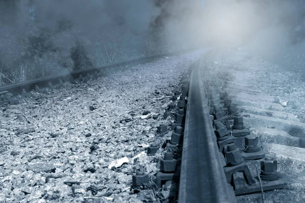 Παλιά Σκουριασμένη Εγκαταλελειμμένη Σιδηροδρομική Γραμμή Στην Ομίχλη Πηγαίνει Μακριά Στην — Φωτογραφία Αρχείου