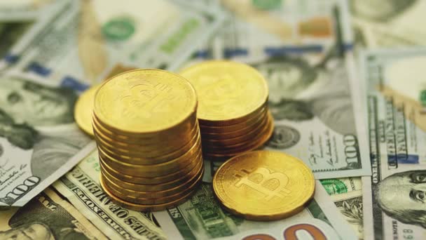Altın bitcoin üzerinde faturaları yığını — Stok video